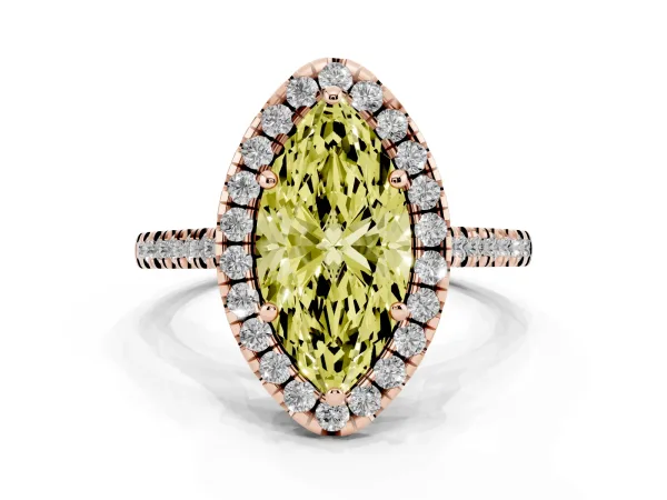 Fancy Yellow Marquise Cut Diamond Cushion Halo Ring with Pavé Band Rose gold