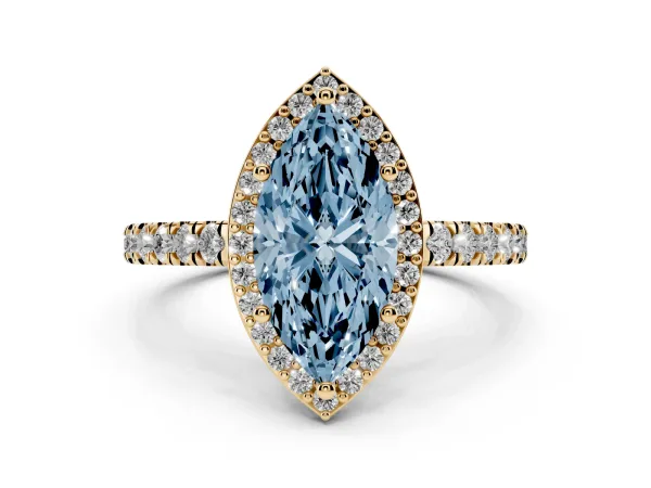 Fancy Blue Marquise Cut Cut Halo Diamond Engagement Ring with Pave Band and Four-Prong Setting Yellow gold