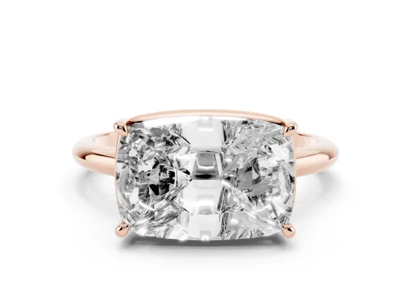 Old Mine Elongated Cushion Diamond East-West Bezel Set Four Claw Solitaire Ring Rose gold