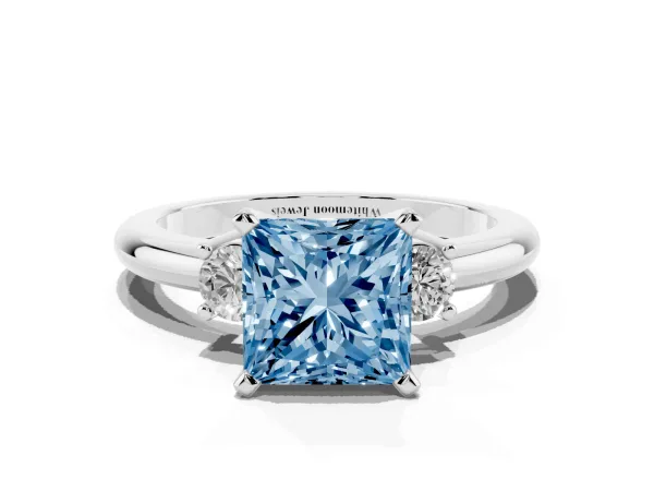 Fancy Blue Three-Stone Princess Cut Cut Diamond Solitaire with Prong Setting and Classic Band Platinum