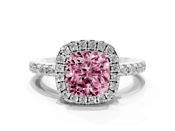 Fancy Pink Cushion Cut Halo Diamond Engagement Ring with Pavé Band and Four-Prong Setting Platinum