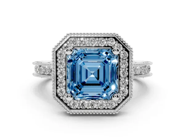 Fancy Blue Asscher Cut Diamond Milgrain Halo Engagement Ring with Round Pavé Band and Prong Setting White gold