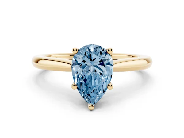 Fancy Blue Pear Cut Cut Solitaire Ring with Cathedral Band and Four-Prong Setting Yellow gold