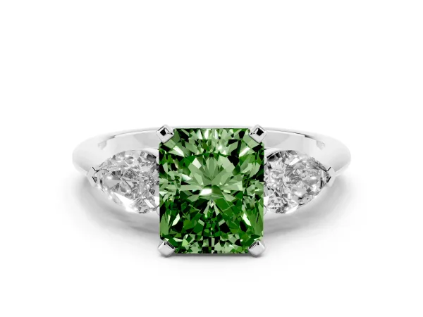 Fancy Green Three-Stone Radiant Cut Diamond Ring with Pear Side Stones and Four-Prong Setting Platinum