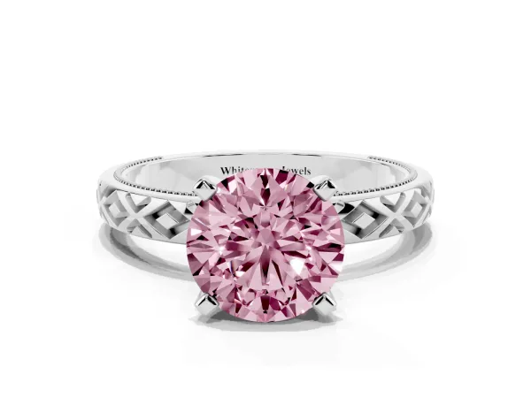Fancy Pink Round Cut Solitaire Diamond Ring with Milgrain and Black Enamel X Pattern Band White gold