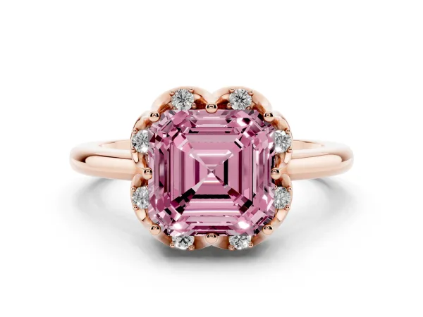 Fancy Pink Asscher Cut Halo Diamond Ring with Round Cluster Setting, Solitaire Band, and Four-Prong Setting Rose gold