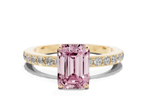 Fancy Pink Emerald Cut Diamond Solitaire Engagement Ring with Pavé Band and Four-Prong Setting Yellow gold