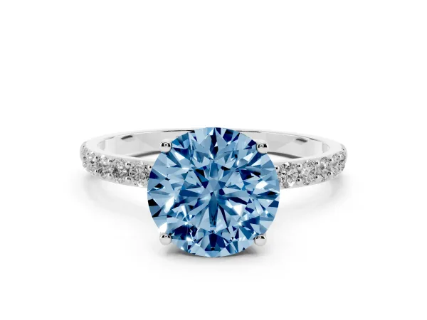 Fancy Blue Round Cut Diamond Solitaire Engagement Ring with Round Pavé Band and Prong Setting Platinum