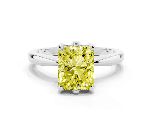 Fancy Yellow Radiant Cut Solitaire Engagement Ring with Six-Prong Setting and Tapered Band Platinum