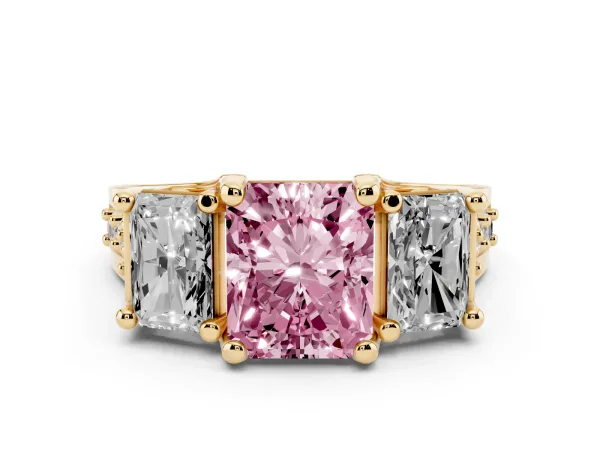 Fancy Pink Radiant Cut Diamond Three-Stone Ring with Channel Set Band and Four-Prong Setting Yellow gold