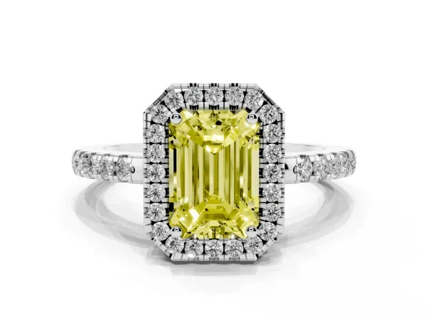 Fancy Yellow Emerald Cut Halo Diamond Engagement Ring with Pavé Band and Four-Prong Setting Platinum