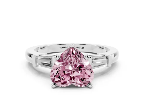 Fancy Pink Heart Cut Cut Diamond Solitaire Ring with Tapered Baguette Accents and Four-Prong Setting Platinum