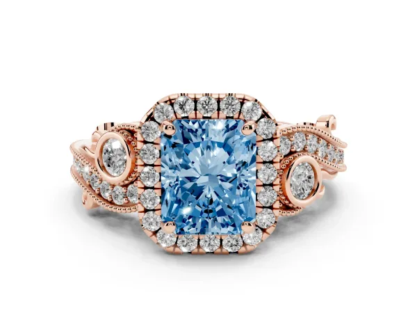 Fancy Blue Radiant Cut Halo Diamond Ring with Milgrain and Bezel Accents on a Split Shank Band Rose gold
