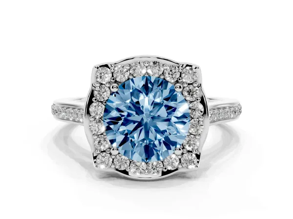 Fancy Blue Round Cut Halo Round Diamond Pave Band with Four-Prong Setting White gold