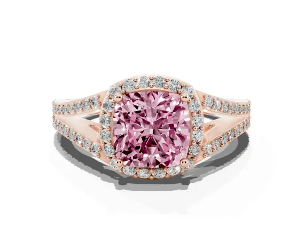 Fancy Pink Cushion Cut Halo Split Shank Pave Diamond Ring with Four-Prong Setting Rose gold