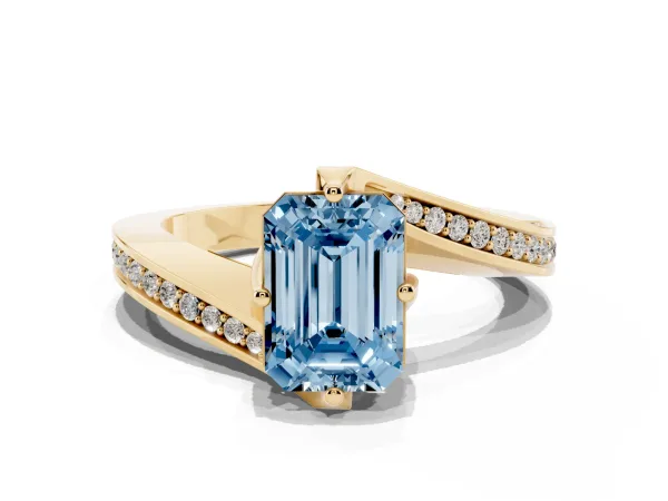 Fancy Blue Emerald Cut Solitaire Diamond Twist Band with Pavé Setting and Four-Prong Setting Yellow gold