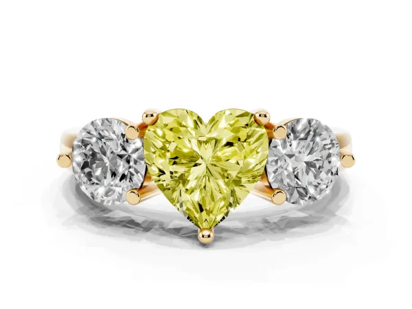 Fancy Yellow Three-Stone Heart Cut Brilliant Cut Solitaire Ring with Prong Setting on a Classic Band Yellow gold