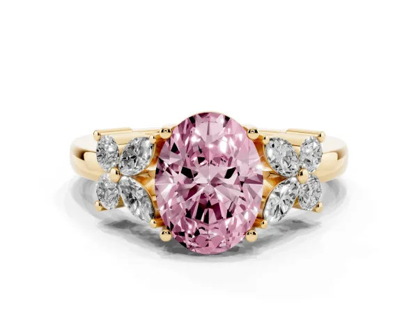 Fancy Pink Oval Cut Diamond Floral Cluster Ring with Solitaire Band and Prong Setting Yellow gold