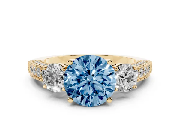 Fancy Blue Round Cut Three-Stone Diamond Ring with Pavé Band and Four-Prong Setting Yellow gold