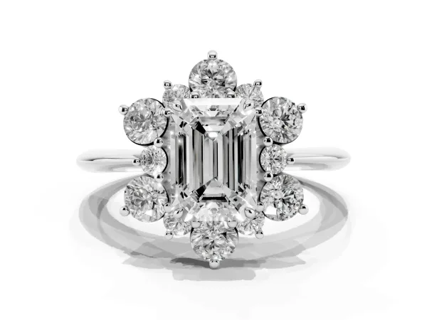 Emerald Cut Diamond Cluster Halo Ring with Solitaire Band and Four-Prong Setting Platinum