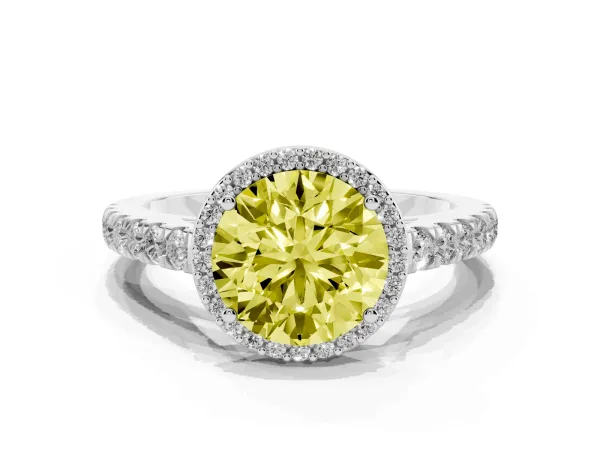 Fancy Yellow Round Cut Cut Halo Diamond Engagement Ring with Pave Band and Four-Prong Setting Platinum