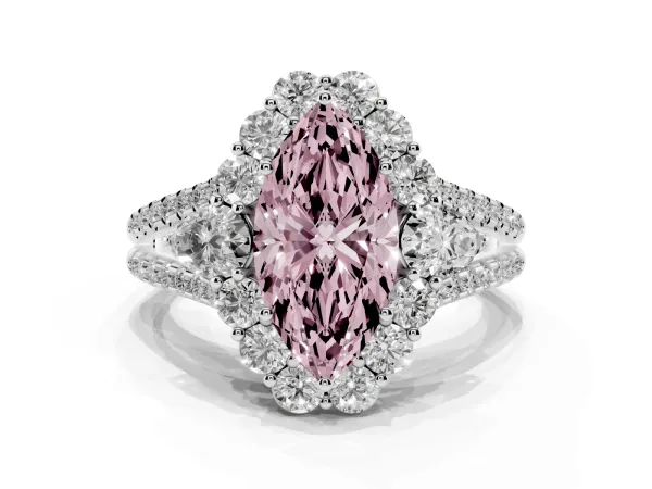 Fancy Pink Marquise Cut Halo Split Shank Diamond Engagement Ring with Prong Setting White gold