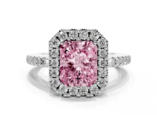 Fancy Pink Radiant Cut Diamond Pavé Halo Ring with Four-Prong Setting Platinum