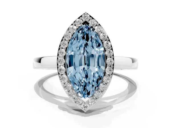 Fancy Blue Marquise Cut Halo Diamond Ring with Solitaire Band and Prong Setting Platinum