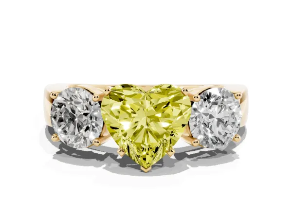 Fancy Yellow Three-Stone Heart Cut Diamond Ring with Round Side Stones, Classic Band, and Four-Prong Setting Yellow gold