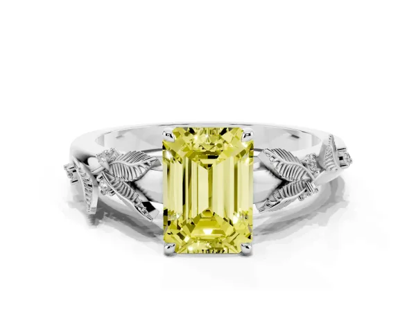 Fancy Yellow Emerald Cut Diamond Solitaire Ring with Leaf Motif Band and Four-Prong Setting White gold