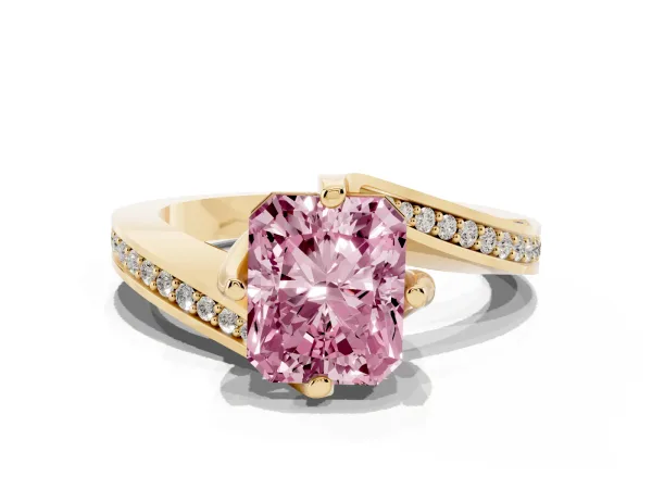 Fancy Pink Radiant Cut Solitaire Diamond Twist Band with Pavé Setting and Four-Prong Setting Yellow gold