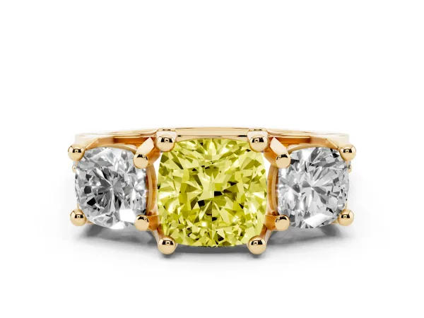 Fancy Yellow Cushion Cut Diamond Three-Stone Ring with Channel Set Band and Four-Prong Setting Yellow gold