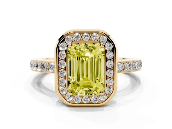 Fancy Yellow Emerald Cut Diamond Halo Ring with Bezel Frame and Pavé Band Yellow gold