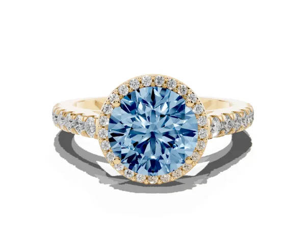 Fancy Blue Round Cut Cut Halo Diamond Engagement Ring with Pave Band and Four-Prong Setting Yellow gold