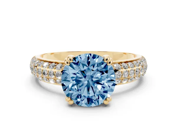 Fancy Blue Round Cut Diamond Solitaire Ring with Multi-Row Round Pavé Band and Prong Setting Yellow gold