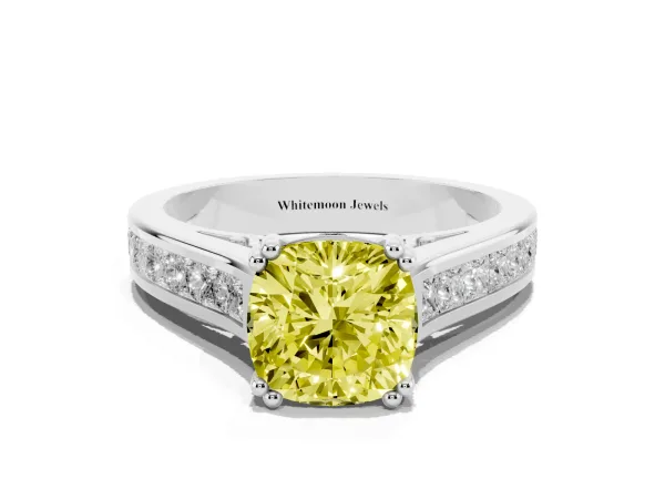 Fancy Yellow Cushion Cut Cut Channel Set Solitaire Engagement Ring with Prong Setting Platinum