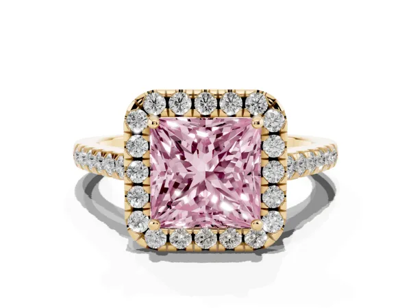 Fancy Pink Princess Cut Halo Pavé Diamond Engagement Ring with Four-Prong Setting Yellow gold
