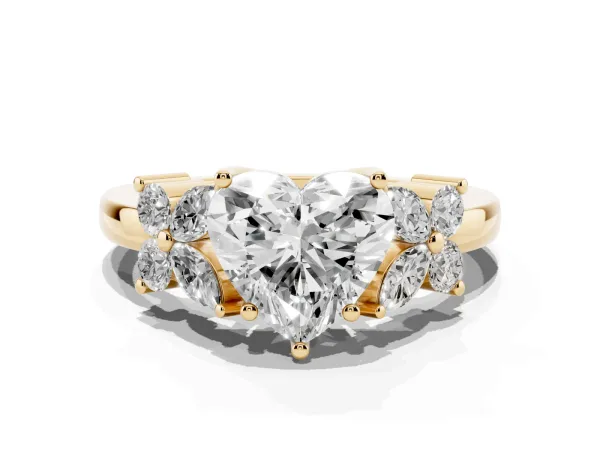 Heart Cut Diamond Floral Cluster Ring with Solitaire Band and Prong Setting Yellow gold