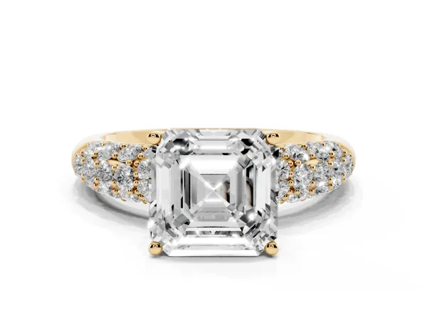 Asscher Cut Diamond Pavé Band Solitaire Ring with Four-Prong Setting Yellow gold