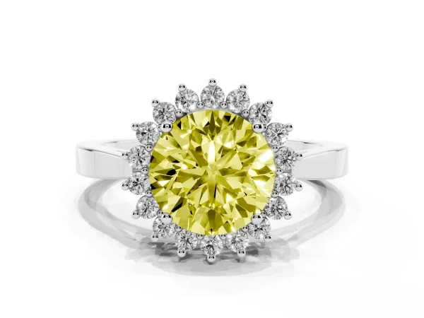 Fancy Yellow Round Cut Cut Diamond Halo Ring with Round Brilliant Halo and Solitaire Band Platinum
