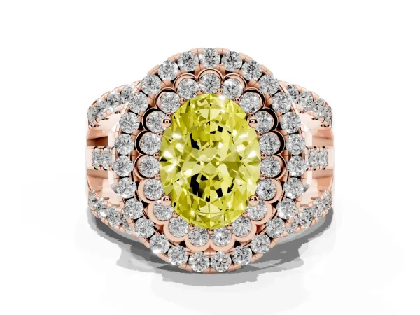 Fancy Yellow Oval Cut Diamond Double Halo Ring with Round Pavé Split Shank and Prong Setting Rose gold