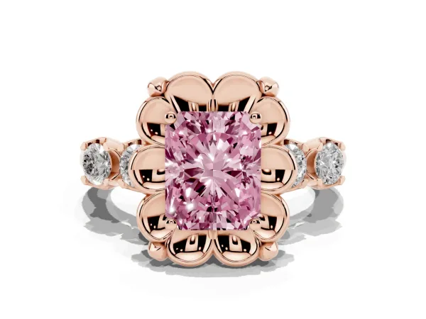 Fancy Pink Radiant Cut Cut Diamond Floral Halo Engagement Ring with Shared Prong Setting Rose gold