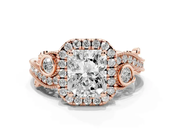 Radiant Cut Diamond Halo Ring with Milgrain Pavé Band and Four-Prong Setting Rose gold