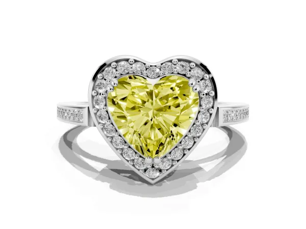 Fancy Yellow Heart Cut Diamond Halo Ring with Split Shank and Four-Prong Setting Platinum