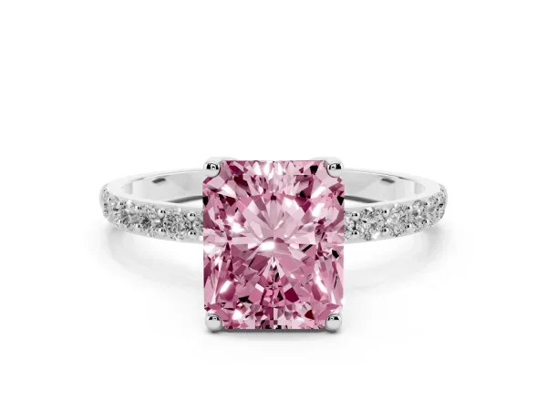 Fancy Pink Radiant Cut Diamond Solitaire Engagement Ring with Round Pavé Band and Prong Setting Platinum