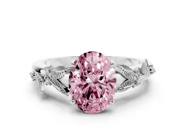 Fancy Pink Oval Cut Diamond Solitaire Ring with Leaf Motif Band and Four-Prong Setting Platinum