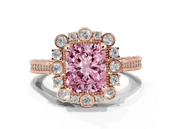 Fancy Pink Radiant Cut Halo Milgrain Pave Diamond Ring with Four-Prong Setting Rose gold