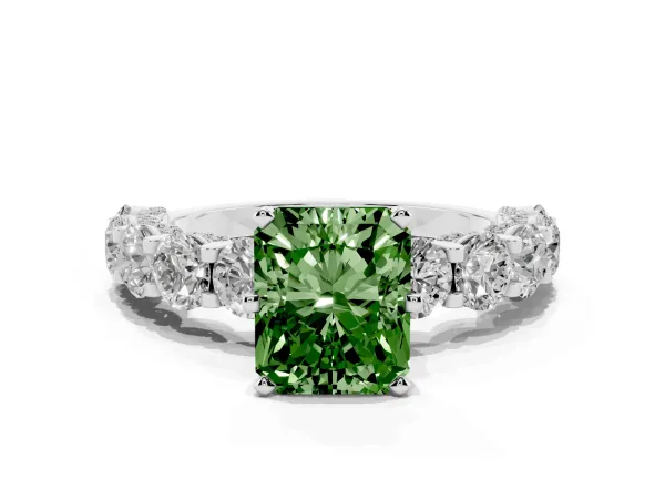 Fancy Green Radiant Cut Diamond Side Stone Engagement Ring with Four-Prong Setting Platinum