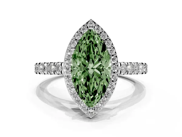 Fancy Green Marquise Cut Cut Halo Diamond Engagement Ring with Pave Band and Four-Prong Setting Platinum
