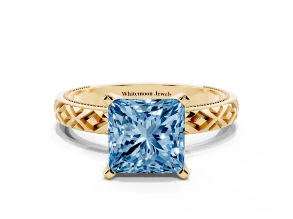 Fancy Blue Princess Cut Solitaire Diamond Ring with Milgrain and Black Enamel X Pattern Band Yellow gold
